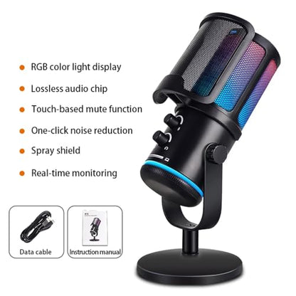 UP-S Condenser Microphone for Gaming PC/PS5 - RGB USB with Noise Cancellation & Tap-to-Mute - Triple-Knob Control Desktop Stand Mic for Streaming, Podcasting YouTube Black - color: UP-S desktop