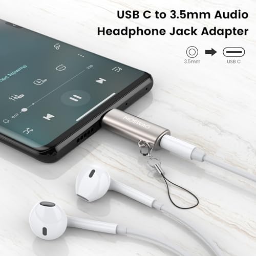 MOSWAG USB C to 3.5mm Audio Headphone Adapter, Typc C to 3.5mm Aux Adapter Zinc Alloy Adapter Compatible with Samsung GalaxyS23 S22 S21 S20 S10 Plus, Ultra S21+, Pixel 7/6, Pad Pro 6 | Hi-Fi Audio Converter and Microphone in Zinc Alloy High Resolution Com