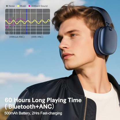 C6 Active Noise Cancelling Headphones, Wireless Over Ear Bluetooth Headphones, 60H Playtime, Lightweight Folding Deep Bass Comfort Fit Ear Cups Headset with Mic for iPad/Travel/PC/Home Blue - color: Blue