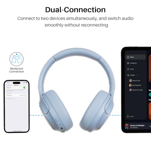 TOZO HT3 Hybrid Noise Cancelling Wireless Headphones, 90H Over Ear Headset | Hi Res Audio, AI Voice Assistant, Dual Device Connection, 32 Custom EQs, Built In 5 Mics, ANC, Foldable, Bluetooth 6.0 - color: Titanium Blue