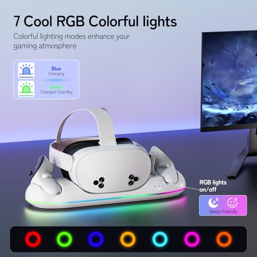 Saqico Charging Dock for Meta Quest 3S/3/2, 22W Fast VR Charging Station with 30W Adapter & Extra USB Port, Magnetic Stand with 2 Rechargeable Batteries & RGB Light, Neat and Orderly Storage - size: Charging Dock for Quest 2/3/3S