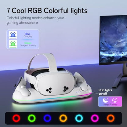 Saqico Charging Dock for Meta Quest 3S/3/2, 22W Fast VR Charging Station with 30W Adapter & Extra USB Port, Magnetic Stand with 2 Rechargeable Batteries & RGB Light, Neat and Orderly Storage - size: Charging Dock for Quest 2/3/3S