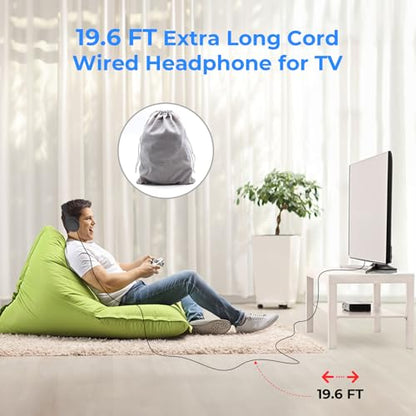 Extra Long Cord TV Headphones with Volume Control for Seniors - size: 9.6FT Black without Microphone