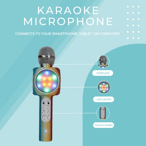 Sing-Along Bling Bluetooth Karaoke Microphone with LED for Karaoke Speaker | Rechargeable Bedazzled Microphone, Wireless Karaoke Microphone with LED Lights, SD Card Slot, Skip Tracks - Confetti Bling - color: Rainbow Bling