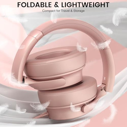 USB C Wired Over-Ear Headphones with Microphone | Volume Control, Share Port, Adjustable Headband Foldable Stereo Headset for Adult/Teens for iPhone 16, Laptop, Gaming, Travel - color: New Rose Gold