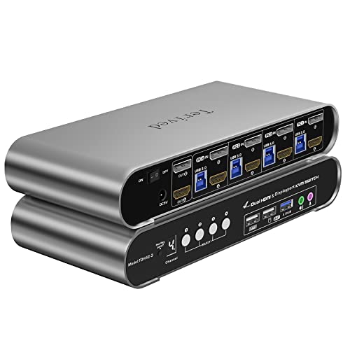 4 Computers 2 Monitors Automatic KVM Switch, HDMI 4k@60Hz + DP 8K 30Hz 4K@144Hz, Aluminum Alloy Shell, Digital Display, Audio/Microphone, hotkey, HDR10 with Cables - style: 4 Computers 2 Monitors (HDMI + DP) USB 3.0