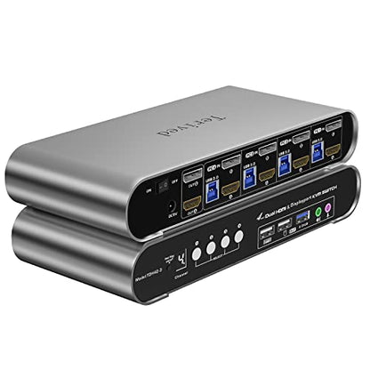 4 Computers 2 Monitors Automatic KVM Switch, HDMI 4k@60Hz + DP 8K 30Hz 4K@144Hz, Aluminum Alloy Shell, Digital Display, Audio/Microphone, hotkey, HDR10 with Cables - style: 4 Computers 2 Monitors (HDMI + DP) USB 3.0