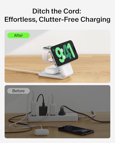 Belkin Qi2.2 25W Wireless 3 in 1 Foldable Fast Charging Station for iPhone | Fast Charigng, MagSafe Compatible, iPhone 17/16/15, Apple Watch, AirPods, Travel Charger, Magnetic - color: White