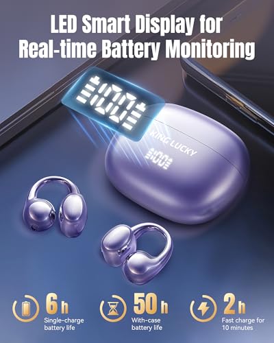 King Lucky Clip-On Earbuds Gen 3, Open-Ear Wireless Bluetooth 6.0 Headphones with Mic, Secure Fit for Small Ears & Glasses Wearers, 50H Playtime, LED Digital Display, ENC, IPX5 Waterproof (Purple) - color: Purple, size: Digital Display