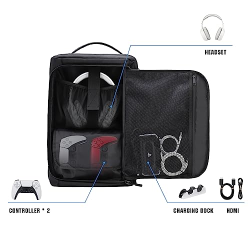 GDNasist Game Console Backpack for PS5, Protective Carrying Case Compatible with Playstation5 Console, Base, 15.6”Laptop, Headset, PS5 Controller, More Game Discs, and Gaming Accessories - style: Side-opening Style