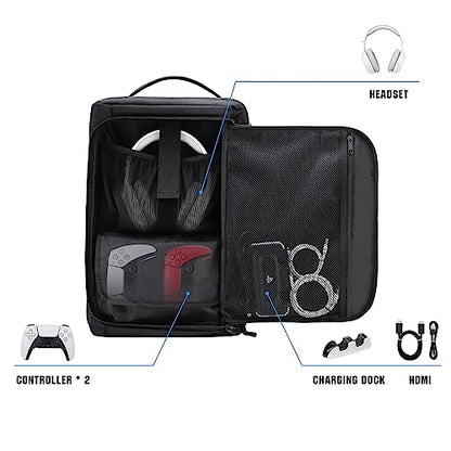 GDNasist Game Console Backpack for PS5, Protective Carrying Case Compatible with Playstation5 Console, Base, 15.6”Laptop, Headset, PS5 Controller, More Game Discs, and Gaming Accessories - style: Side-opening Style