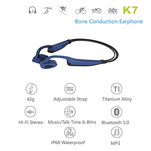 Bone Conduction Headphones, swimmingWireless Bluetooth Open Ear IP68 Waterproof Compatible with Android iPhone, Universal Earphones Headset Hi-Fi Stereo Sound for Swimming Gym Running, Blue
