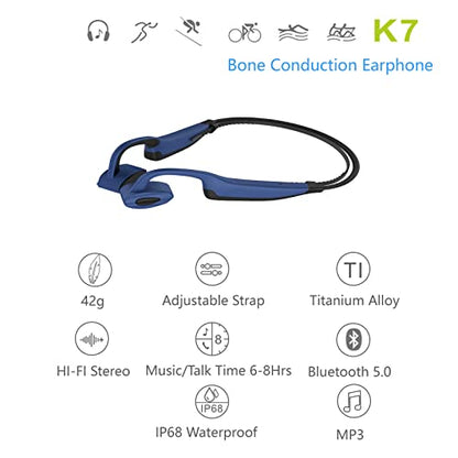 Bone Conduction Headphones, swimmingWireless Bluetooth Open Ear IP68 Waterproof Compatible with Android iPhone, Universal Earphones Headset Hi-Fi Stereo Sound for Swimming Gym Running, Blue