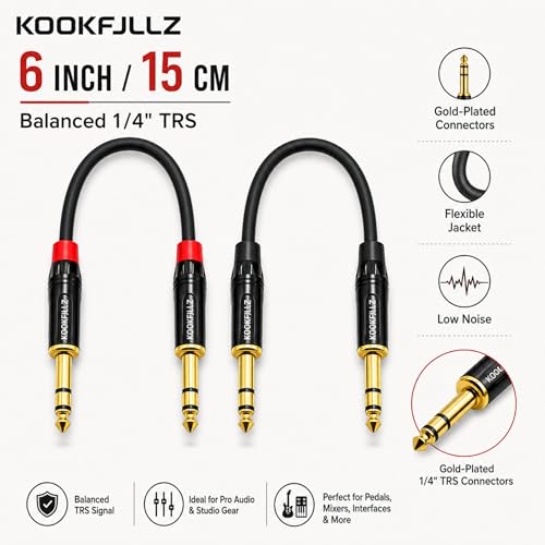Professional Balanced TRS Patch Cable 1/4 Inch 6 Inch 2-Pack, 20AWG OFC Copper 24K Gold Plated Hand-Soldered, Studio Monitor Audio Interface Pedalboard Guitar Mixer