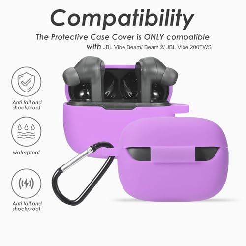 Silicone Case for JBL Vibe Beam 2, JBL Vibe Beam, JBL Vibe 200TWS True Wireless Headphones, Premium Shockproof Case Cover with Carabiner. (Purple) - color: Purple