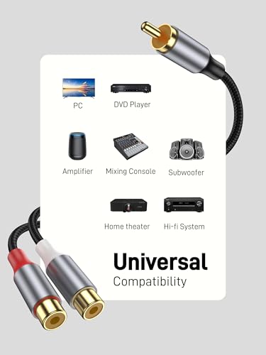 RCA Splitter 1 Male to 2 Female Audio Cable, 24K Gold Plated Plug, RCA Y Splitter Audio Video Cable Split Adapter for Amplifiers, Gaming Consoles, CD Player, Hi-Fi Systems, HDTV. - size: 1 Pack