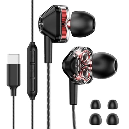 USB-C Wired In-Ear Earbuds with Mic, Dual Driver for Hi-Fi Stereo Sound | Deep Bass, Noise Isolating Fit, 5ft Tangle-Free Cable, 3-Button Remote, for iPhone 15/16/17& Android Phones, 2-Year Warranty