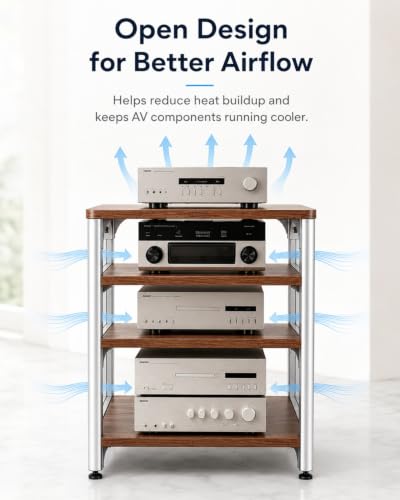 4-Tier HiFi Audio Rack, Adjustable AV Stand for Stereo Equipment | 110 lbs Per Shelf Open Cooling Design Metal Support Columns Rubber Feet Fits Amplifier, Receiver, Turntable & CD Player - size: 4-tier