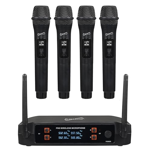 Supersonic SC-909 2.4G 4 Channel Wireless Microphone System with Long-Range 160 FT Transmission, Crystal-Clear 20Hz-20KHz Sound, Low 30mA Consumption, AA Battery-Powered Transmitter, and 12V Receiver