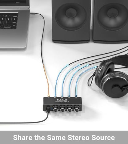 4-Way 3.5mm Headphone Amplifier with Independent Volume Control, 16-300 Ohm, Aluminum Case Stereo Audio Splitter Box for Headphone, Speaker, and Laptop-5V DC Power Supply