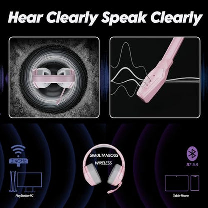NUBWO G06 Dual Wireless Gaming Headset with Mic for PS5, PS4, PC, Mobile, Switch: 2.4GHz Wireless + Bluetooth - 100 Hr Battery - 50mm Drivers - Pink - color: Pink