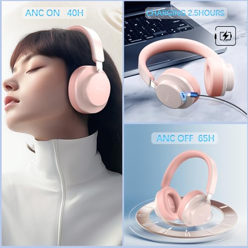 Over Ear Headphones Wireless Bluetooth, Noise Cancelling Headphones Bluetooth with Microphone, Cancelling Wireless Headphones Over Ear, 65h Playtime, Clear Calls, Comfort Fit For Travel (Pink) - color: Pink