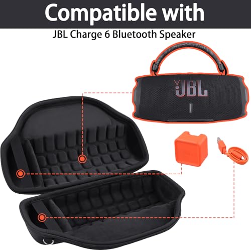 co2CREA Case for JBL Charge 6 Portable Bluetooth Speaker, Black | High-Density Foam Padding, Reinforced Handle, Detachable Shoulder Strap, Compact Lightweight Design, Dust Protection - color: Black Case