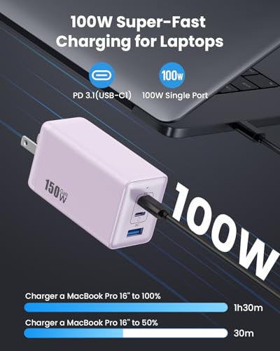 150W USB C Charger Block,GaN III Compact Foldable Wall Charger 3 Port Fast Charging Station,PD QC PPS Portable USB C Hub 100W Laptop Adapter for MacBook Pro/Air,iPad,iPhone 16/Pro,Galaxy S24,Dell etc - color: Purple