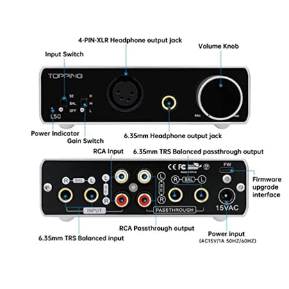 Topping L50 NFCA Headphone Amplifier, 3500mW x 3500mW HiFi SE/BAL Input Desktop Home Audio Amp 6.35mm 4 Pin XLR Iems Output Gain Switch 2 Channel Preamplifier (Silver)
