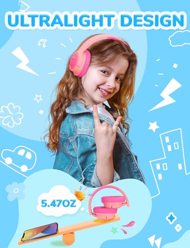 iClever 코드가 있는 아동용 헤드폰, 오버 이어 남아 여아 학교 여행용 | SafeSound Tech, 스테레오 사운드, 접이식, 조절 가능, 3.5mm 잭, 내구성, 학교용 경량 아동용 헤드폰, 코랄 핑크 - color: 핑크 코랄