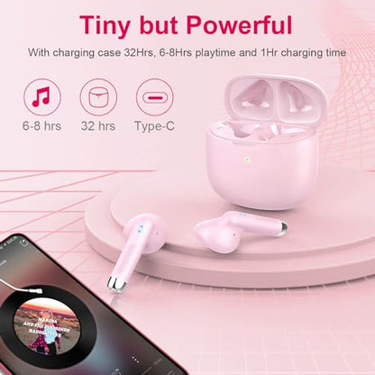 Wireless Earbuds, Bluetooth 5.4 Earbuds Stereo Bass, Bluetooth Headphones | in Ear Noise Cancelling Mic, Earphones IP7 Waterproof Sports, 32H Playtime USB C Charging Case Pink Ear Buds for Android iOS - color: Deep Pink