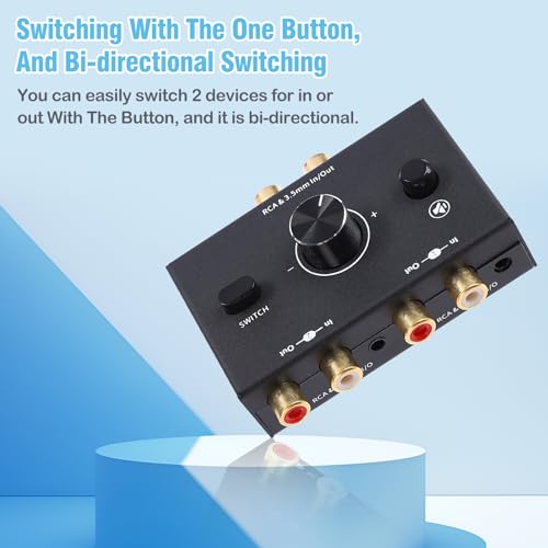 RCA 3.5mm Port 1 in 2 Out / 2 in 1 Out Bi-Directional Audio Switcher, 2-Way Stereo L/R Sound Channel Speaker Headphone Audio Switch Selector Splitter Box