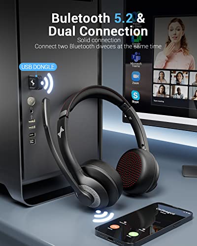JIAMQISHI Wireless Headset with Mic for Work, Bluetooth V5.2 Headphones with Noise Cancelling Microphone, USB Dongle, Clear Calls & Mic Mute, for Laptop, PC, iPhone & Android Phones - color: Black