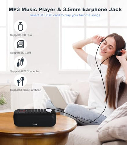 Portable Bluetooth Speaker FM Radio Digital, Support USB/SD Card MP3 Music Player/AUX/REC, Build-in 3000mAh Rechargeable Battery, 10W Powerful Speaker and Earphone Jack for Indoor Outdoor