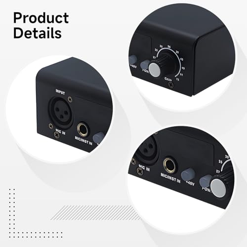 2-Channel Microphone Preamp, Professional XLR Audio Interface Amplifier, Mic Signal Booster, 48 V Phantom Power, for Live Sound, Podcast, Studio Recording