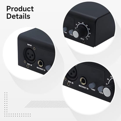 2-Channel Microphone Preamp, Professional XLR Audio Interface Amplifier, Mic Signal Booster, 48 V Phantom Power, for Live Sound, Podcast, Studio Recording
