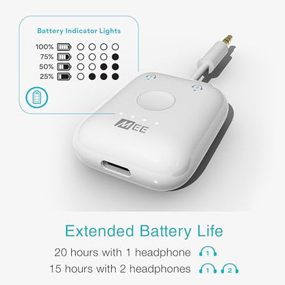 MEE audio Connect Air in-Flight Bluetooth Wireless Audio Transmitter Adapter for up to 2 AirPods / Other Headphones; Works with All 3.5mm Aux Jacks on Airplanes, Gym Equipment, TVs, & Gaming Consoles - color: White, style: Connect Air