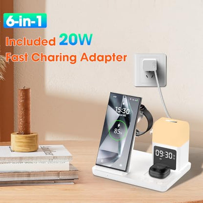 Wireless Charger for Samsung/Android Charging Station, 6 in 1 Fast Watch Charger with Alarm Clock-Night Light, Compatible for Galaxy S25 Ultra/S24, Only for Samsung Watch8/7, Galaxy Buds3 Pro(White) - color: White