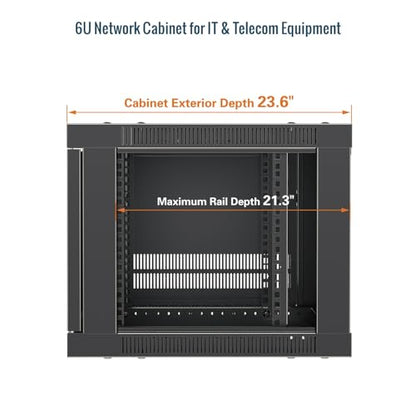 Tecmojo 6U Wall Mount Rack Cabinet, Heavy-Duty 176 Lbs High Load Capacity, 19” Enclosed Server Network Rack with 2 Colling Fans, Glass Door, 23.6” Deep – Elite Collection - size: 6U/23.6in Depth/Glass Door