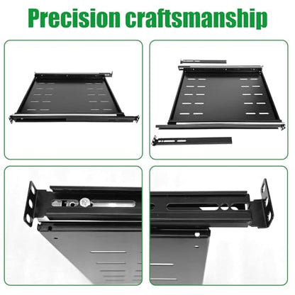 GlobalRack 1U Sliding Shelf,23.75-34" Adjustable, Double-Sided, Soft-Close | 1U Sliding rack | rack drawer | Quiet steel ball bearing slides | Soft-close damping | Supports 240 lbs | Heavy-gauge steel - size: 550A