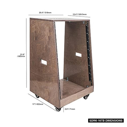 Sound Town DIY Solid Baltic Birch Plywood Slanted 16U Studio Rack, Weathered Brown, Rubber Feet, Casters (SDRK-16TB) - size: 16U,Weathered Brown