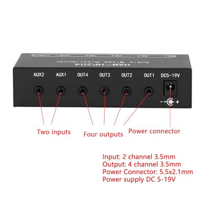 2 in 4 Out Stereo Mixer Distributor, 18 in Stereo Audio HiFi Audio Mixer, Independent Control, for PC Microphone Guitar Electronic Keyboard Speaker DC 5V to 19V.