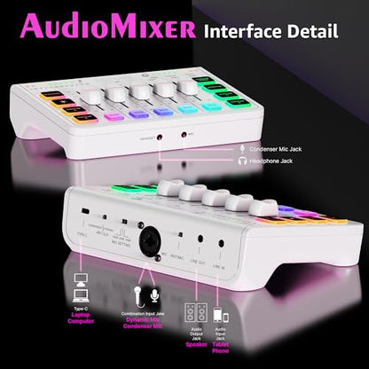 IXTECH Gaming Audio Mixer 4 Channel Soundboard, Streaming RGB PC Audio Interface with XLR Microphone Support, Audio Equalizer for Gaming Podcast Streaming Karaoke, Individual Volume Controls (White)