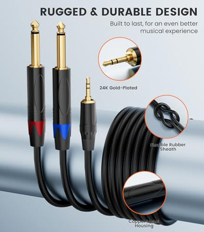 1/8 to 1/4 Stereo Cable 10FT, 3.5mm TRS Mini Jack to Dual 1/4 Inch TS Mono Y-Splitter Male to Male Audio Breakout Cord for Smartphone, CD Player, Speaker, Amplifier - size: 10 feet