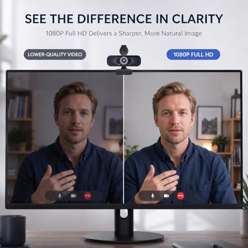 1080P Webcam for PC & Laptop with Microphone — Stay Connected | Plug and Play No Driver, Crystal Clear Video Auto Lighting, Privacy Physically Protected, Mount It Anywhere in Seconds - color: Black