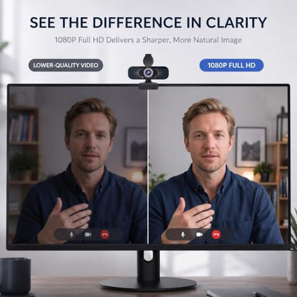 1080P Webcam for PC & Laptop with Microphone — Stay Connected | Plug and Play No Driver, Crystal Clear Video Auto Lighting, Privacy Physically Protected, Mount It Anywhere in Seconds - color: Black