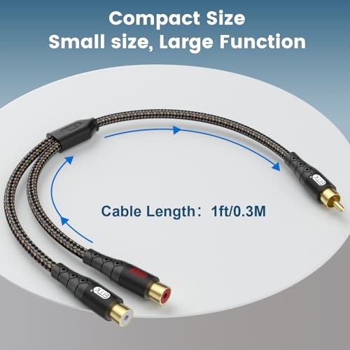 EMK RCA Splitter Cable 1 Male to 2 Female Y Adapter with Copper Shell & 24K Gold-Plated Connector RCA Male to Dual RCA Female Extension Cord Black/1ft/0.3m - size: 1ft/0.3m, style: Black*1Male to 2Female