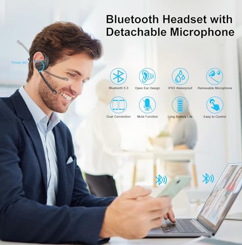 iDIGMALL Bluetooth Headset, Open Ear Headphones with Detachable Microphone | Multi-Point Wireless Headset with DSP Noise Canceling Mic for Phone PC Laptop Office Meeting Home Work, Comfort & Light, 12H