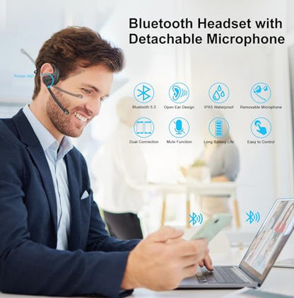 iDIGMALL Bluetooth Headset, Open Ear Headphones with Detachable Microphone | Multi-Point Wireless Headset with DSP Noise Canceling Mic for Phone PC Laptop Office Meeting Home Work, Comfort & Light, 12H