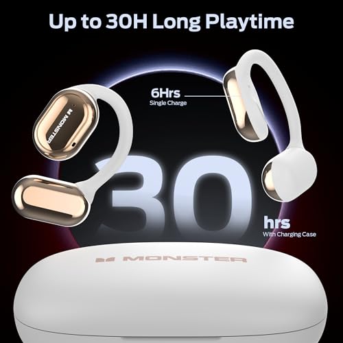 Monster Open Free AC100 Open Ear Headphones, Bluetooth 5.3 Wireless Headphones with Earhooks,Immersive Stereo Sound by Dual Large Driver, Clear Talk, 30H Playtime,Waterproof Earbuds for Running, White